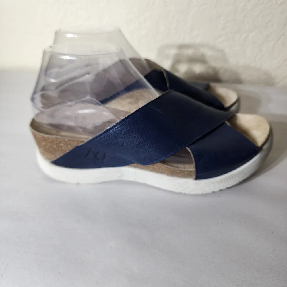 Fly London Navy Blue Leather Cross Strap Wedge Slide Sandals Womens 41 US 10